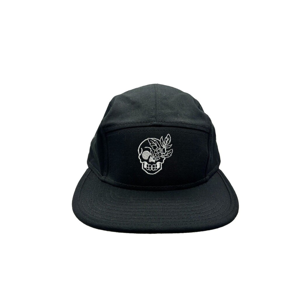 Skull Floral Embroidered 5 Panel Hat Otto Cap Nylon Strapback Black